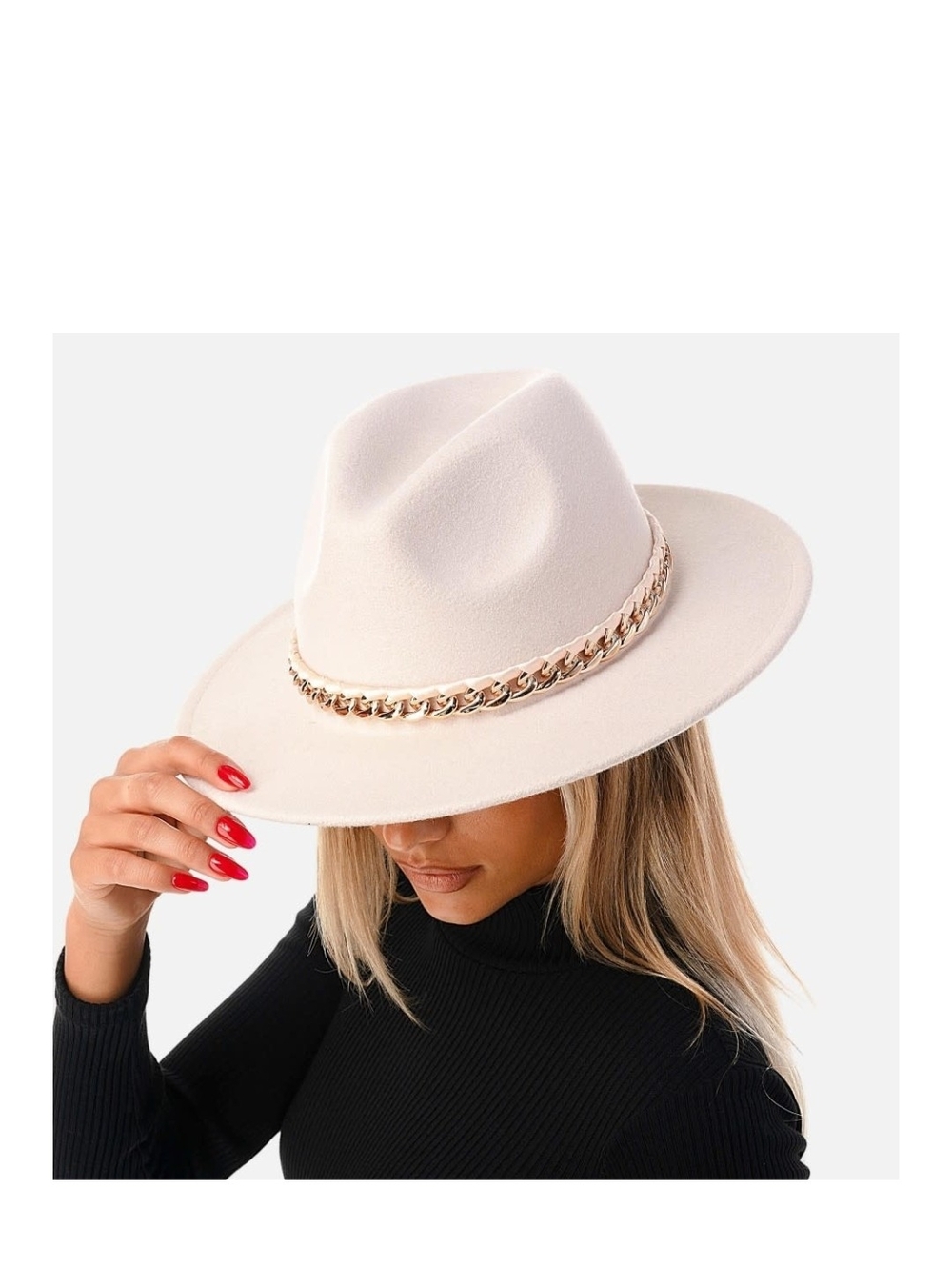 Womens Ivory Felt Fedora Hat with Chain Trim
